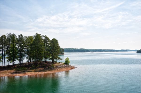 A serene lake with a tree-covered shoreline under a partly cloudy sky.