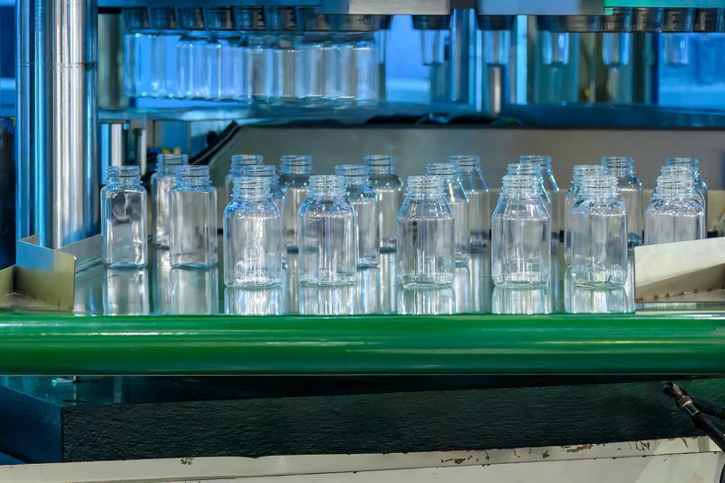 The plastic bottle manufacturing process by vertical blow mold machine. The operation of plastic bottle blowing machine.