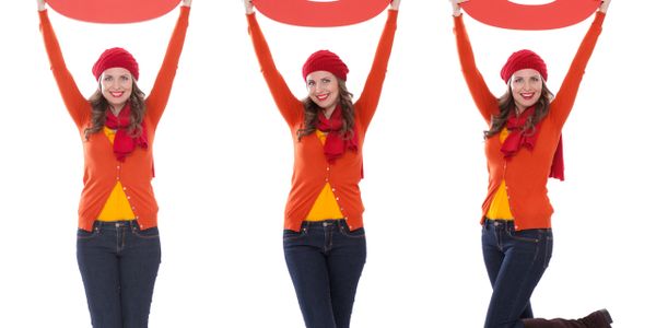 Woman in red hat and orange sweater holding a red sign in three poses.