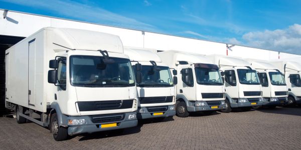 A row of white delivery trucks parked in a lot under a blue sky.
