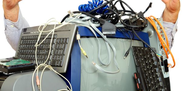 Person overwhelmed by tangled computer cables and keyboards.