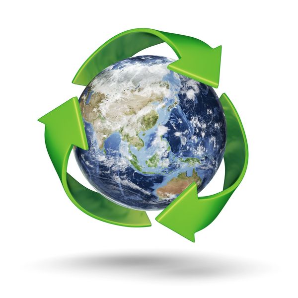 Earth wrapped in green recycling arrows.