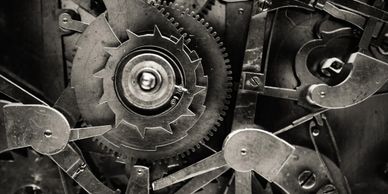 Close-up of intricate vintage mechanical gears and levers.