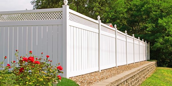 Long white fence bordering a garden with red roses and green trees.