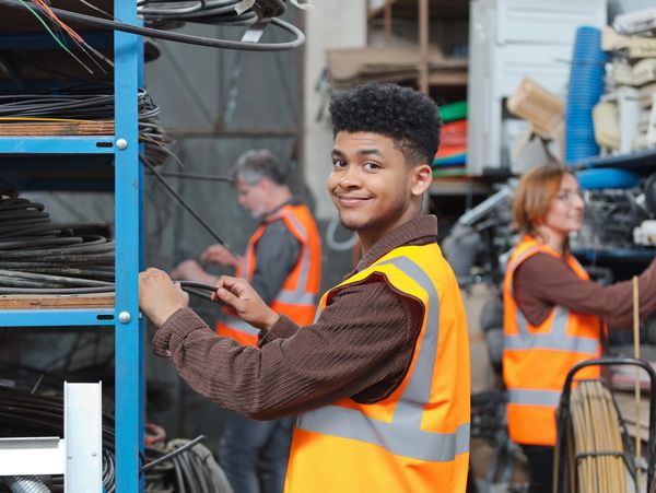 Smiling worker in orange safety vest organizing cables in warehouse.
