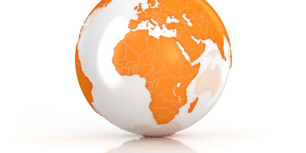 Globe highlighting Africa and Europe in orange.