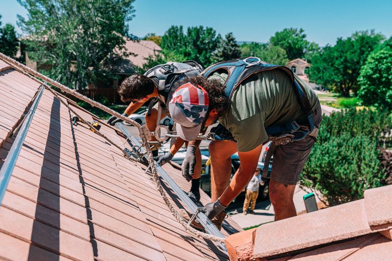 Professional Solar Installation Company Preparing a Clay Roof for Solar Panels on a Suburban Home with Clay Tiles in the Summer