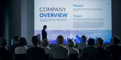 A business presentation showing company overview, mission, and vision to an audience.
