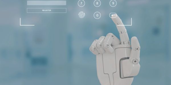 Robot hand interacting with a futuristic digital login interface.