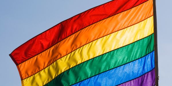 Rainbow pride flag waving against a clear sky.