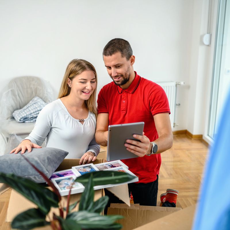 A happy young couple with boxes moving into a new home or apartment. Real estate theme.