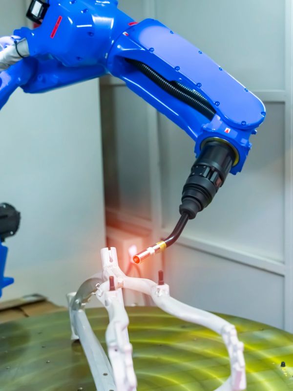 Blue robotic arm welding a white metal frame.