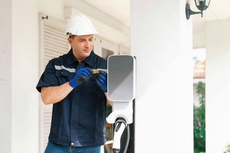 Qualified technician install home EV charging station, providing maintenance service for electric vehicle's battery charging platform at home. EV car technology for residential utilization. Synchronos