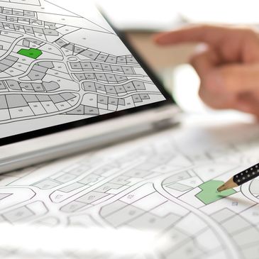Person marking a property location on a map with a pencil and digital device.