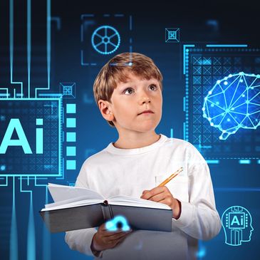 Young boy studying AI concepts with futuristic digital graphics.