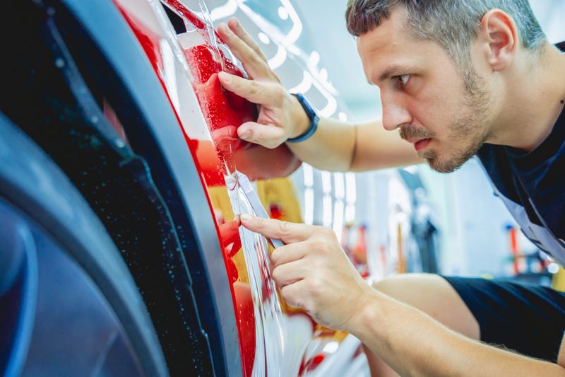 The process of installing protective film on the new red car