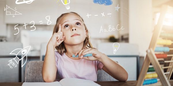 Young girl thinking with math and science doodles around her.