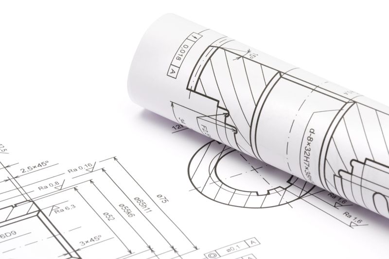 Blueprints of engineering component on white background