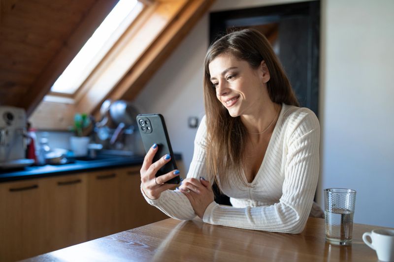Woman banking from home on a mobile device.