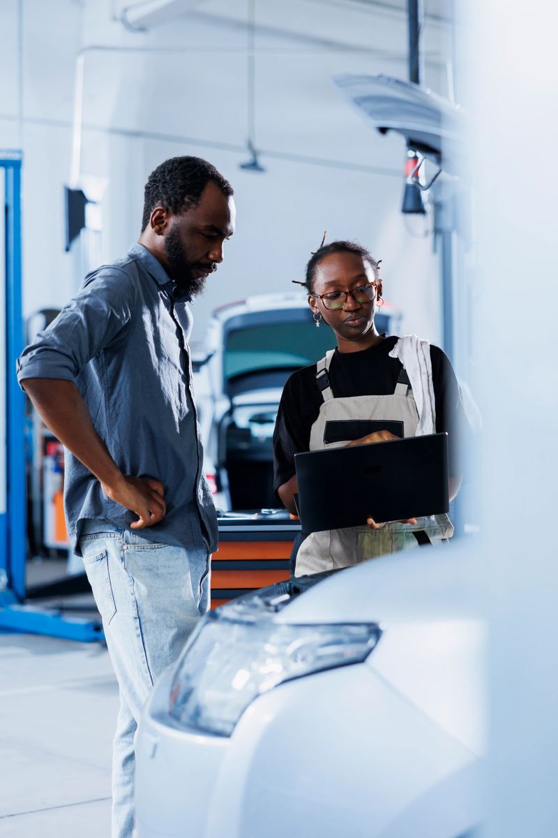 African american serviceman in car service uses laptop to show client invoice after removing oil leaks. Proactive garage professional calculating final costs after cleaning customer vehicle
