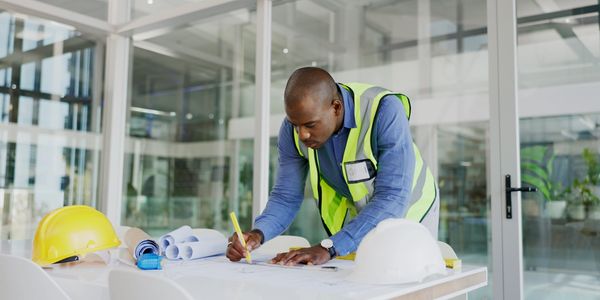 Engineer in safety vest working on blueprints at a modern office.