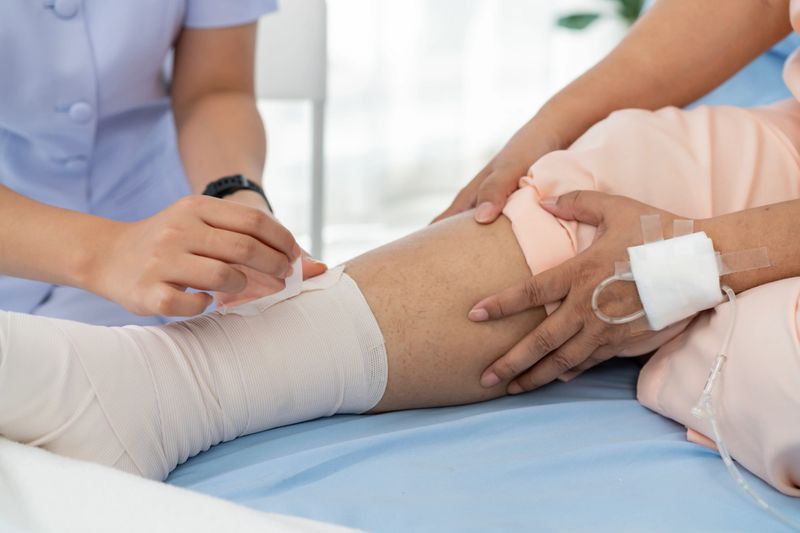 Close-up photo of an Elderly Asian patient admitted to hospital A nurse cares for a patient's injured leg bandage.