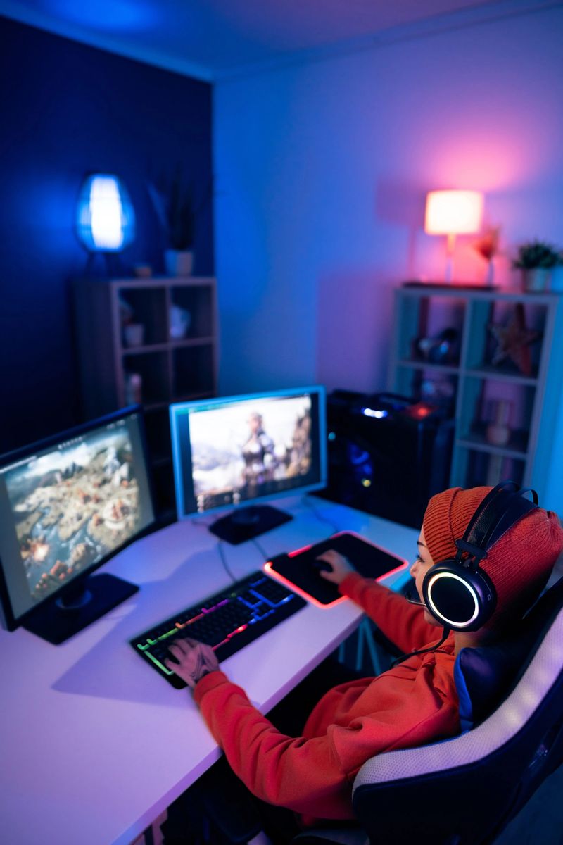 Modern young Caucasian female gamer and streamer, playing video games on the computer in her LED-lit room