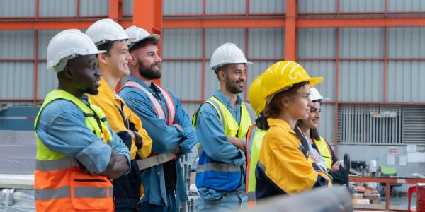 Group of construction workers in safety gear standing together.
