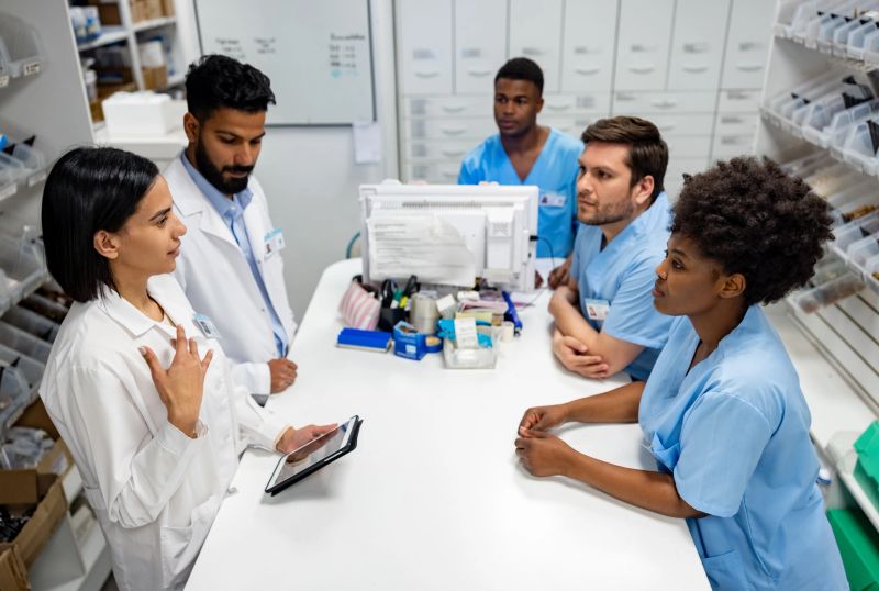 Doctor talking to a group of nurses at the hospital pharmacy - healthcare and medicine concepts