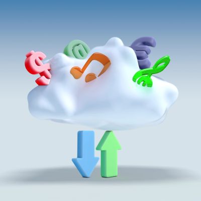 A cloud with currency and music symbols, plus up and down arrows below it.