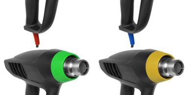 Two heat guns with red and blue nozzles and colored rings.