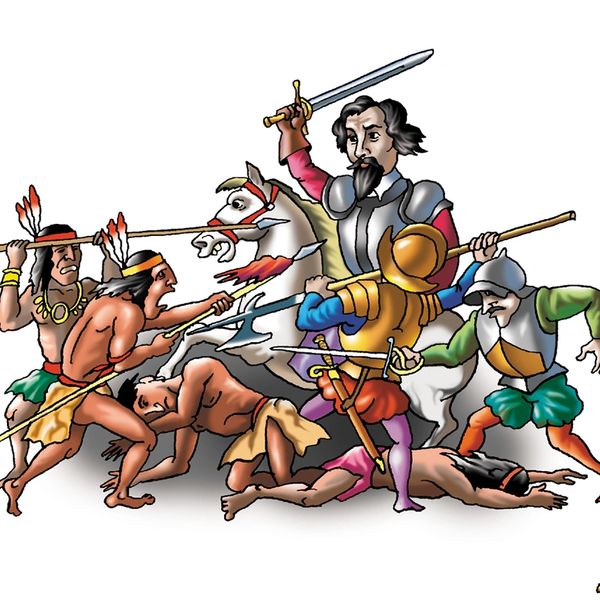 Battle between indigenous people and armored soldiers.