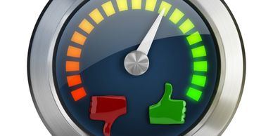 Gauge showing a positive rating with thumbs up and thumbs down icons.