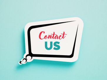Speech bubble with 'Contact Us' text on a blue background.