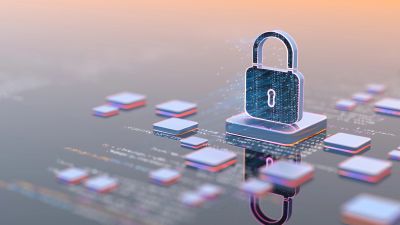Digital padlock symbolizing cybersecurity and data protection.