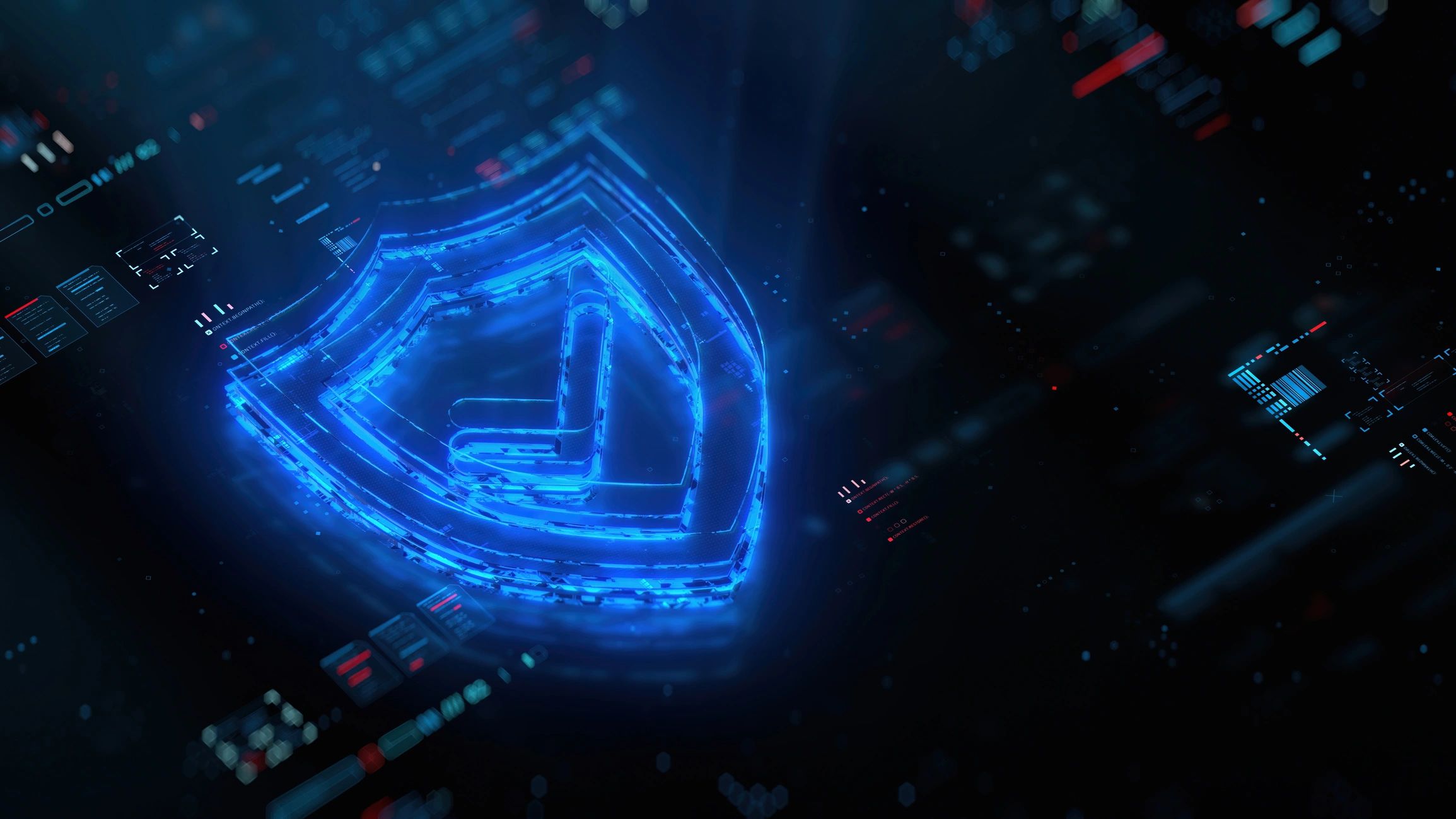 Glowing digital shield symbolizing cybersecurity and data protection.