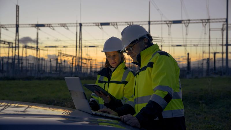 As the sun sets,electrical engineers huddle around a laptop on a car hood at the power station,deep in strategic discussions for efficient operations