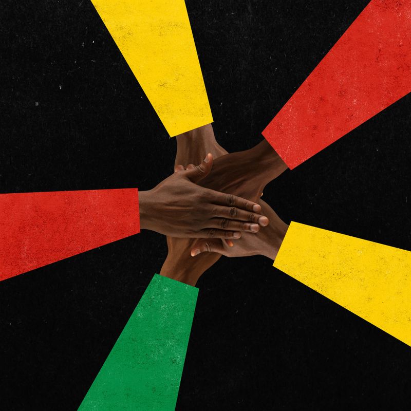 Poster. Contemporary art collage. Modern creative artwork. African-American friend stacking hands together. Concept of black history month, civil rights, culture, union. Copy space, ad.