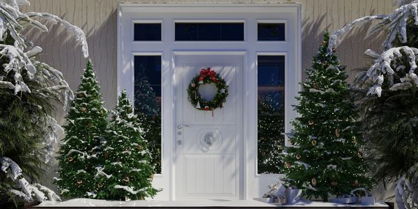 Snow-covered Christmas trees and a wreath decorate a white front door.