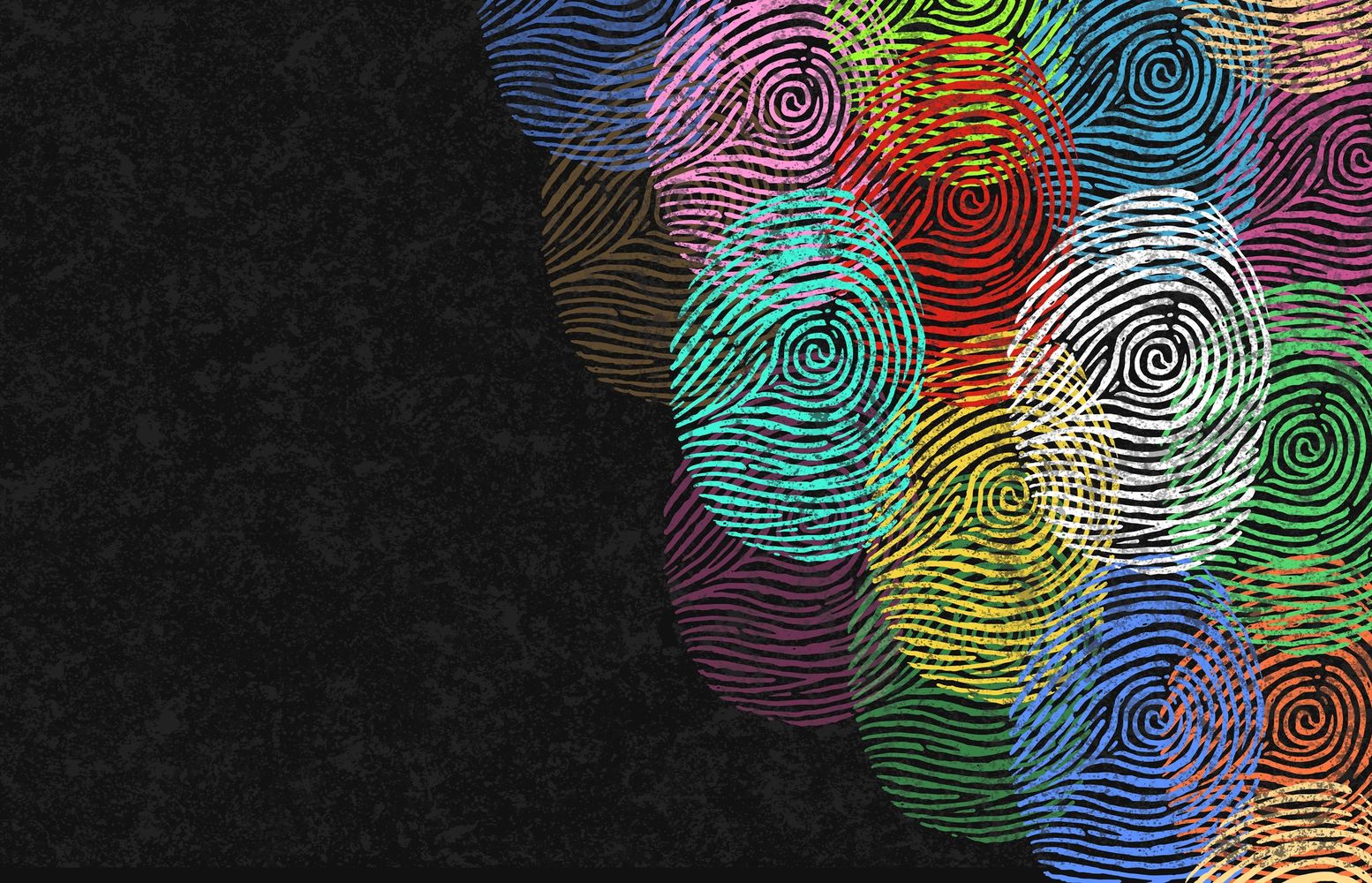 Colorful overlapping fingerprint patterns on a black textured background.