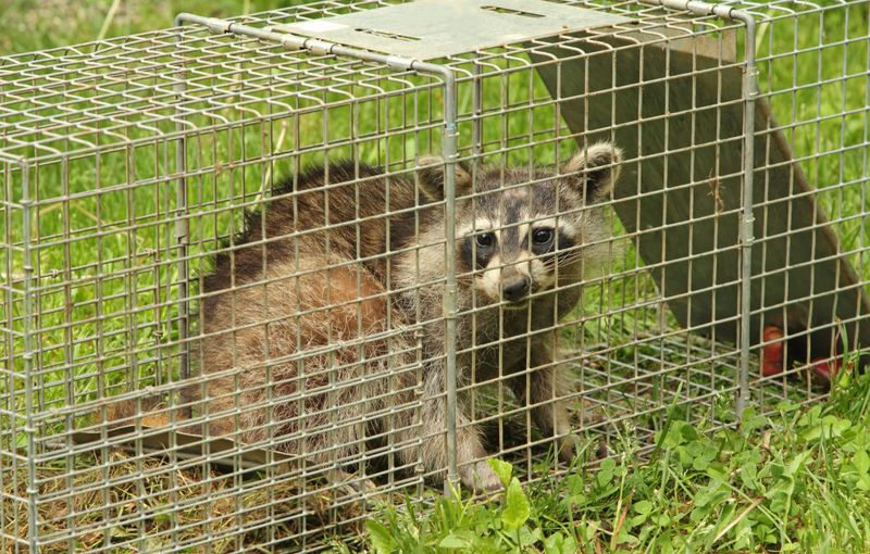 Raccoon, Procyon lotor, in an animal trap