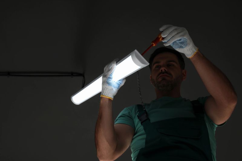 Ceiling light. Electrician installing led linear lamp indoors, low angle view. Space for text