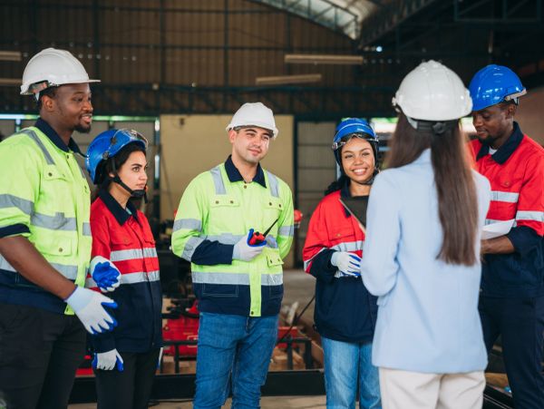 Group of industrial workers listening to a woman in a meeting.