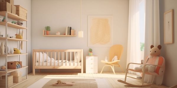 Bright, cozy nursery with wooden furniture and soft toys.