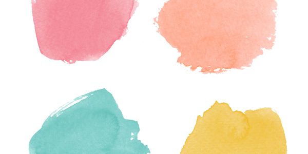 Four colorful watercolor paint splotches on a white background.