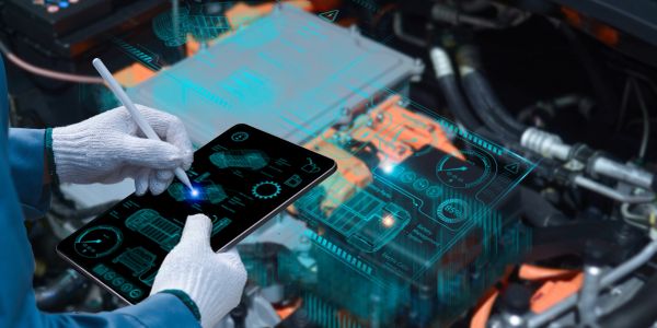 Gloved hands using futuristic digital tablet for car engine diagnostics.