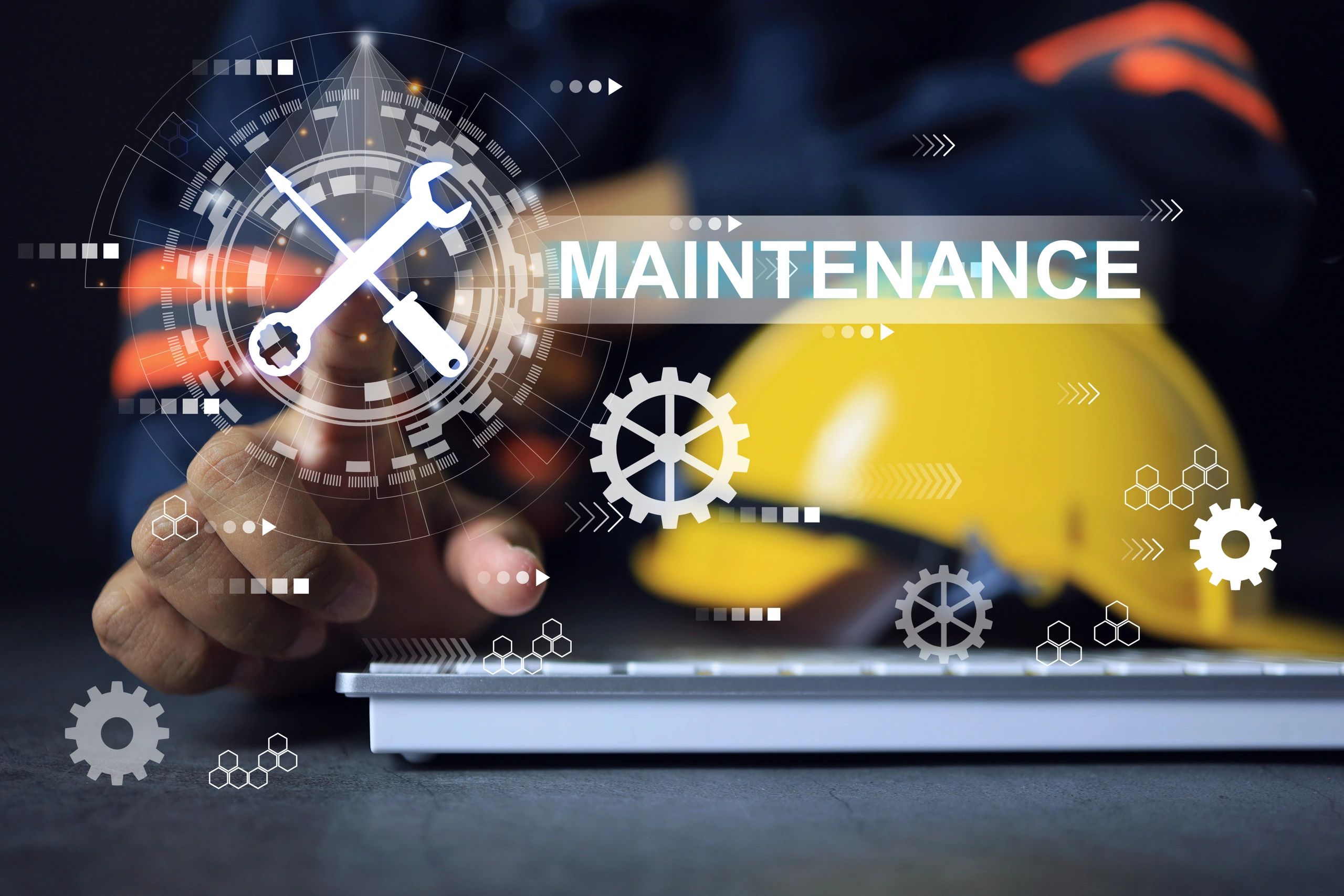 Digital maintenance concept with tools icon and helmet.