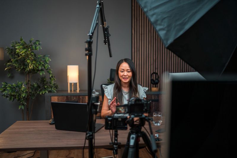 Showcasing an Asian female content creator in action, this photo captures her dedication. Seated at a table with a desktop PC, she communicates her ideas to the camera. The microphone and strategic lighting equipment enhance the creative atmosphere.