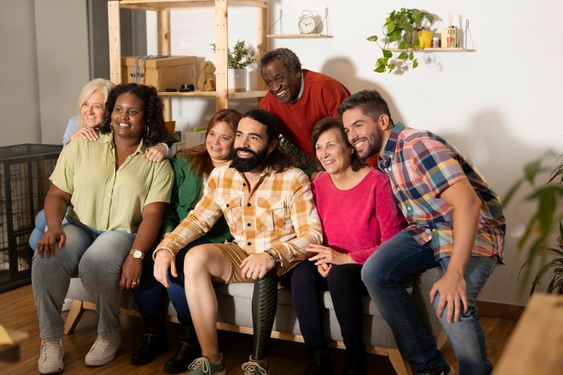 Smiling group of friends of various ages and ethnicities posing for a photo in the living room of their home