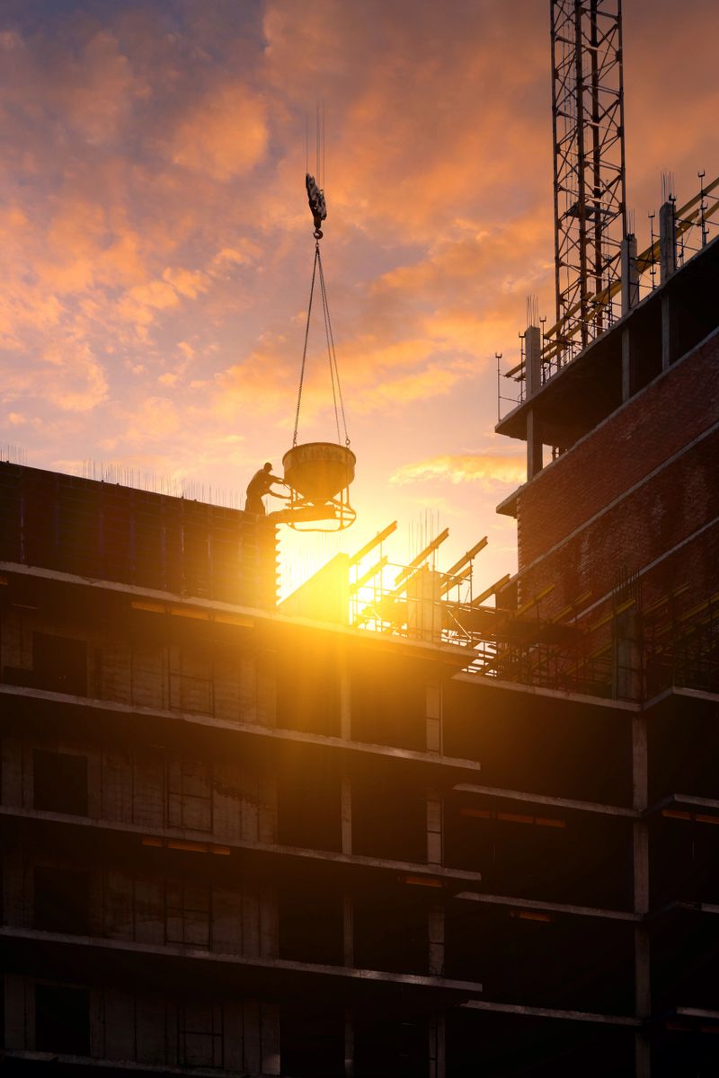 Workers pour concrete at the construction site of a new residential building in the city center against a beautiful sky.